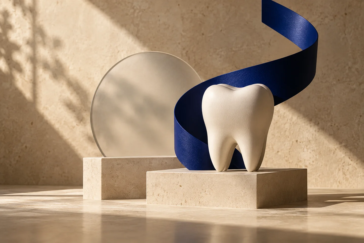 Conceptual ivory tooth sculpture wrapped by a cobalt ribbon